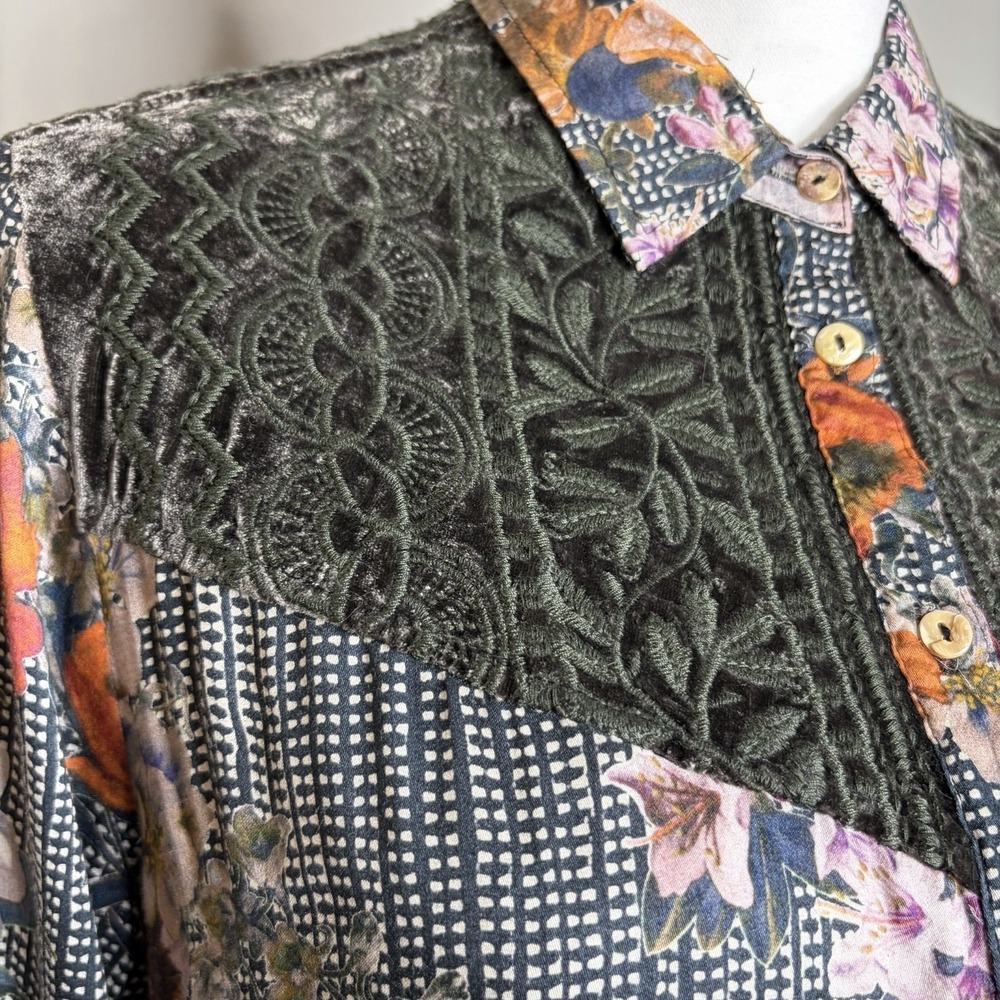 Johnny Was Silk Blend Top S Green Purple Floral Velvet Whimsigoth Boho Shirt - Picture 7 of 13